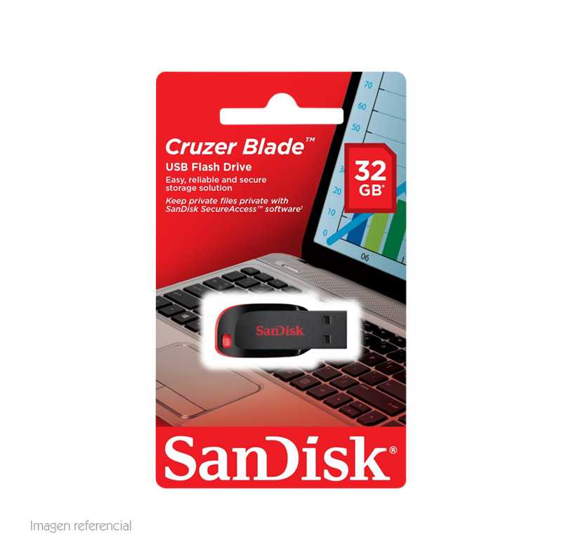 MEMORIA FLASH USB SANDISK CRUZER BLADE, 32GB, USB2.0, PRESENTACIÓN EN COLGADOR.